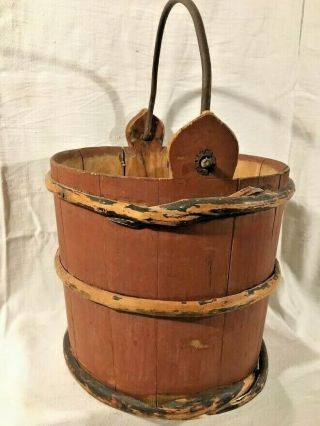 Antique Country Red Painted Wooden Staved Water Bucket 1800s Scandinavia,  Europe