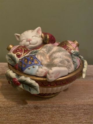 Fitz And Floyd Kitty Cat Ceramic Box With Lid Candy Bowl