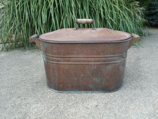 Vtg Primitive Large Copper Boiler Tub Bin W/ Lid Wooden Handles Rustic Farmhouse