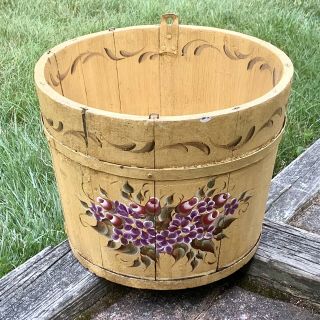 Antique Primitive Maple Sap Bucket With Folky Paint Decoration