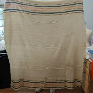 Antique Homespun Wool Cream Color Blanket With Stripes 73x77
