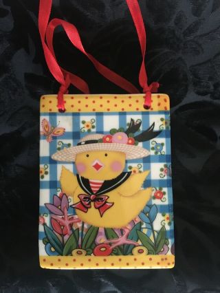 Vtg Mary Engelbreit Easter Chick Ceramic Type Holder,  Basket,  Tote,  Bag W/ Handle