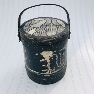 Antique Wood Firkin Wooden Handle Sugar Bucket 12 " Vintage Primitive Pail Black
