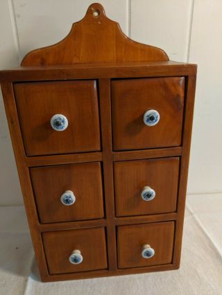Antique Vtg Spice Box Cabinet Wooden Primitive Chest 6 Drawers Blue White Knobs