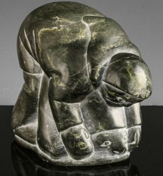 V.  Fine Vintage Inuit Carved Soapstone Sculpture Of Man & Seal Signed & Numbered