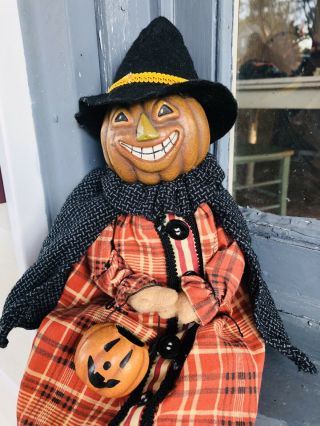 Folk Art Primitive Halloween Doll Pumpkin Head Man Posable Sitting 17”