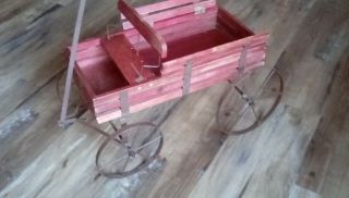Vtg Primitive Country Rustic Antique Style Wooden Red Wagon Cart Metal Wheels