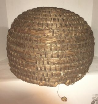 Antique Rye Grass Straw Bee Skep Honey Comb Basket Woven Grass 16”