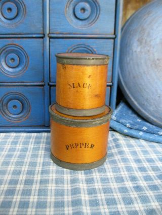 2 Early Antique Wood And Tin Pantry Spice Boxes Ca.  1860
