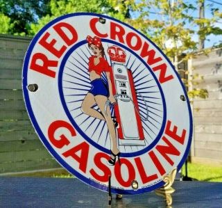 Vintage Red Crown Gasoline Porcelain Pin Up Girl Service Station Oil Pump Sign