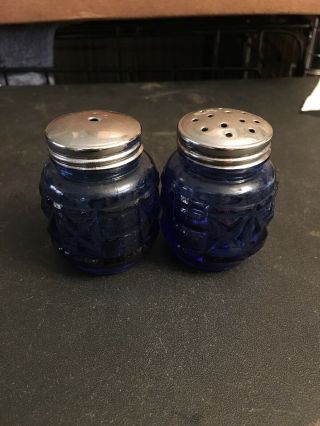 Vintage 2 " Tall Cobalt Blue Embossed Glass Salt And Pepper Shakers