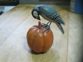 Vintage Folk Art Wood Hand Carved Blue Bird On Pumpkin Signed Detailed