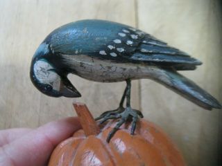 VINTAGE FOLK ART WOOD HAND CARVED BLUE BIRD ON PUMPKIN signed detailed 2