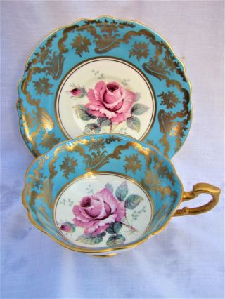 Vtg Paragon H.  M.  The Queen Queen Mary Teacup & Saucer Cabbage Rose Blue Gold