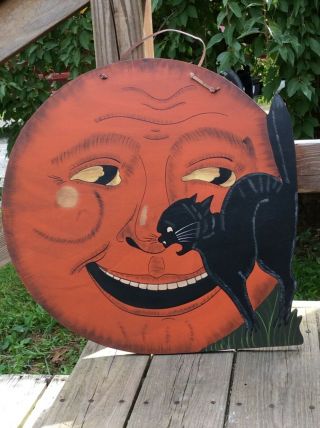 Primitive Halloween Wood Plaque Retro Style Man In The Moon Cat Vintage Style