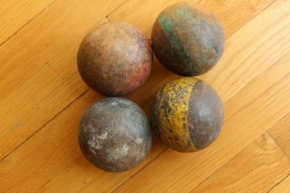 4 (four) Vintage Primitive Antique Wooden Bocce Ball Solid Wood