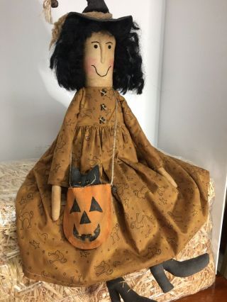 Primitive Folk Art Witch Doll Pumpkin Black Cat Halloween
