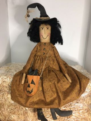 Primitive Folk Art Witch Doll Pumpkin Black Cat Halloween 2