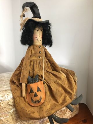 Primitive Folk Art Witch Doll Pumpkin Black Cat Halloween 3