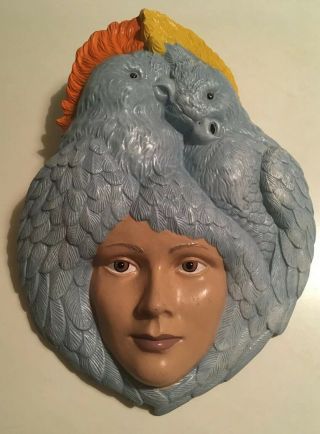 Vintage Mid Century Art Deco Style Lady Head Birds Ceramic Wall Plaque