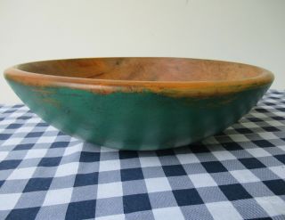 Antique Dough Bowl Large 14 " Round Vintage Wood Primitive,  Green Paint
