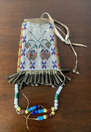 Estate Vintage Antique Native American Beaded Purse With Metal Cones