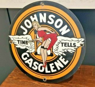 Vintage Johnson Gasoline Porcelain Gas Ad Pin Up Girl Service Station Pump Sign