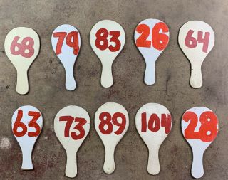 Antique Primitive Vintage Hand Painted Wooden Bidding Paddles Signs White Red 10