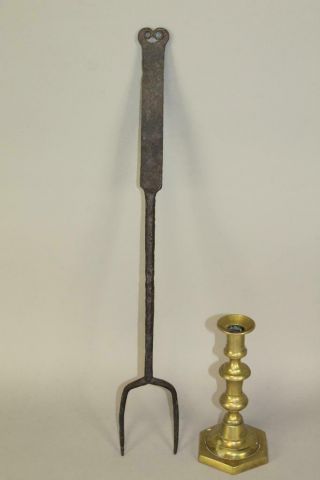 Rare 18th C Dimensional Heart Decorated Wrought Iron Roasting Fork Old Surface