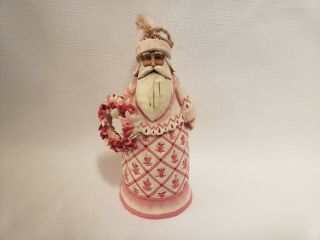 2004 Jim Shore Red Pink Toile Santa Claus Holding Wreath Bell Ornament