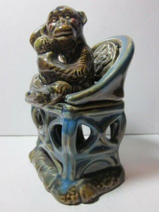 Vintage Monkey Sitting In A Chair Glazed Ceramic Tealight Candle Holder