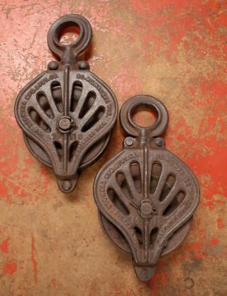 Antique Stowell Mfg & Fdy.  Co.  Cast Iron Hay Trolley Pulley - Pair