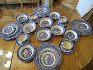 Vintage Blue Willow Churchill England 32 Pc Set Plates,  Bowls,  Cups,  Sau