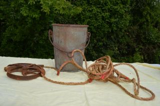 Antique Well Pulley 10 Galanized Water Bucket 25 Ft Rope