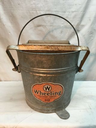 Vintage Galvanized Metal Mop Bucket With Wood Rollers Wringers Wheeling 412