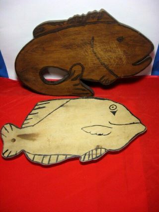 2 Vtg Antique Primitive Wooden Fish Bread Cutting Boards Bass Grouper Folk Art