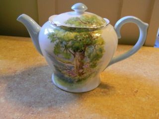 Vintage Shelley Woodland Teapot 13348 Blue Handle Gold Trim