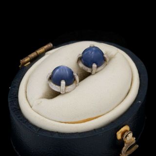 Antique Vintage Deco 14k White Gold Blue Star Sapphire Asterism Stud Earrings