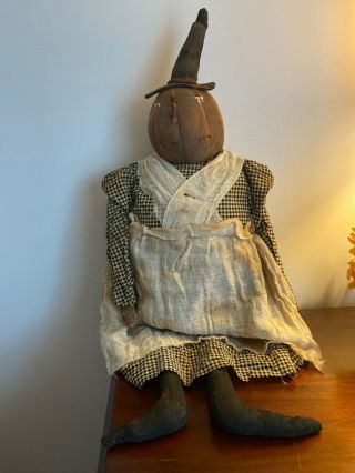 Primitive Folk Art Pumpkin Witch Doll Handmade Fall Halloween Decor