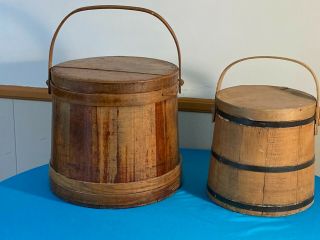 2 Old Primitive Antique Wood Firkin Early Sugar Bucket Lid Peg Swing Handle