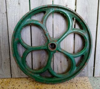 Antique Primitive Steampunk 12 1/2 " Green Industrial Farm Cast Iron Pulley Wheel