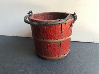 Antique Small Wooden Bucket Pail Chippy Red Paint