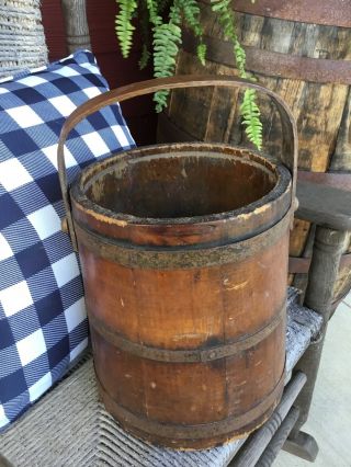 Antique Primitive Old Wooden Firkin Sugar Bucket No Lid But Great Piece