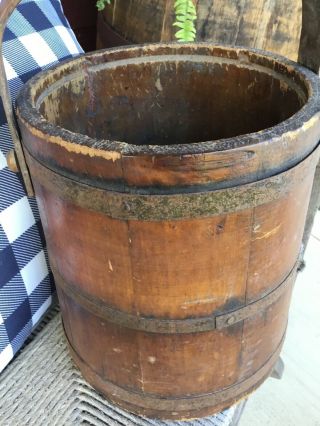 antique primitive old wooden firkin sugar bucket no lid but great piece 2