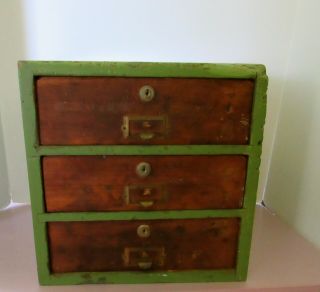Small Antique / Vintage Wood Filing Cabinet.  Hand Made Primitive.  Green