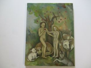 Vintage Adam And Eve Painting Animals Garden Of Eden Apple Tree Iconic Snake