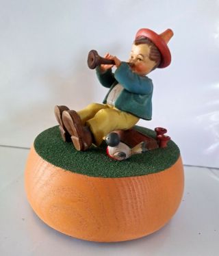 Vintage Anri Reuge Carved Music Box Boy Playing Clarinet Bird Swiss 4.  5 " T Cute