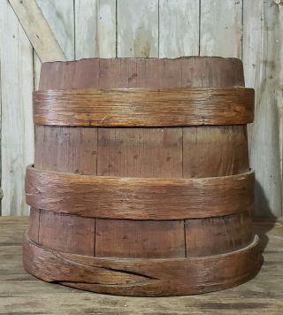 Early Primitive Antique Wooden Staved Firkin Sugar Bucket W/three Finger Overlap