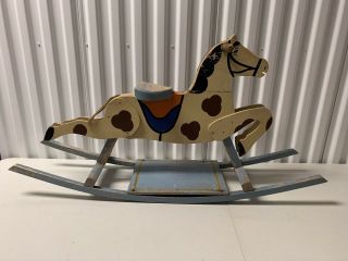 Colorful Antique American Folk Art Rocking Horse In Blue Paint Base