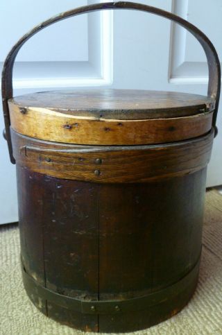 Antique Primitive Wood Firkin Sugar Bucket Finger Banded W/lid Bale Handle Folk
